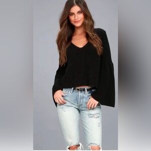 Free People Black Crew Neck Sweater with Bell Sleeves